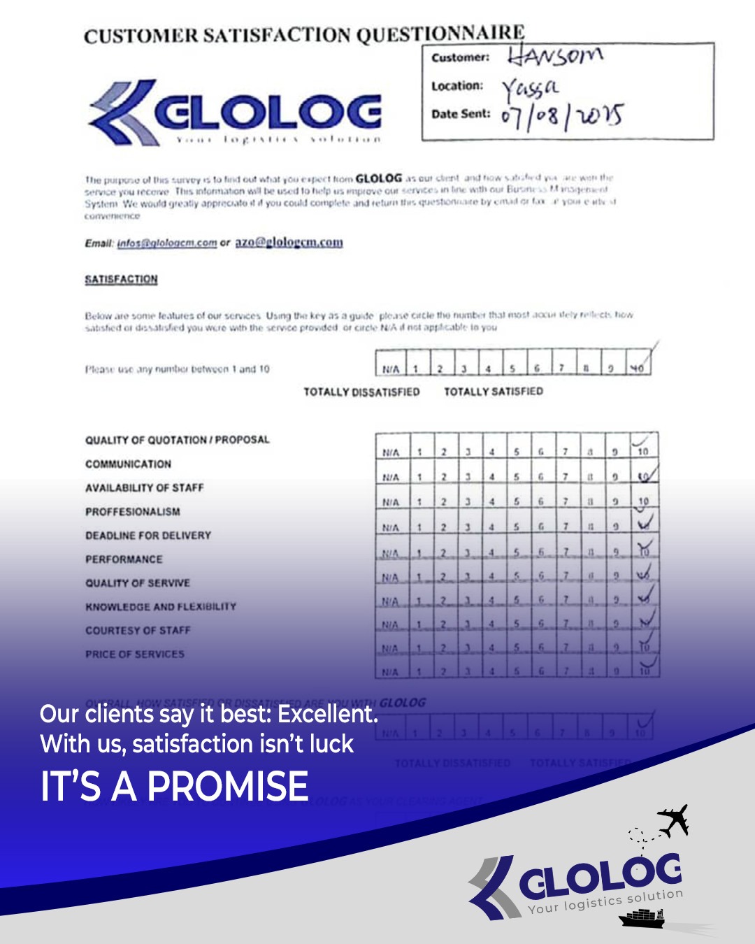 GLOLOG client proof HANSOM Cameroon — 34 vehicles cleared in 48h